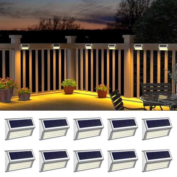 ROSHWEY Deck Lights, 10 Pack 30 LED Fence Lights Solar Powered Outdoor Waterproof, Stainless Steel Patio Decor Backyard Light for Outside Garden