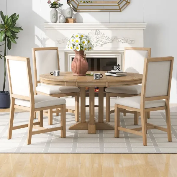 5 Piece Round Dining Table Set, Dining Room Set with Extendable Table and 4 Upholstered Chairs, Wood Dining Table Set for 4, Farmhouse Dining Table Set for Kitchen Dining Room Dorm Apartment, Brown