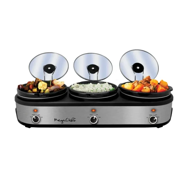 MegaChef Triple 2.5 Quart Slow Cooker and Buffet Server in Brushed