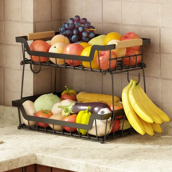 GILLAS 2 Tier Countertop Fruit Basket with 2 Banana Hangers for Kitchen, Detachable Metal Organizer for Bread Vegetable Fruits with Wooden Handle,
