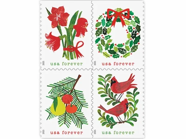 Forever Stamps 2025 Holiday Cheer – Cardinals. Wreath. Holly & Poinsettia Designs. First-Class Postage