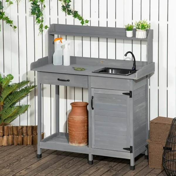 Outsunny Potting Bench Prep Table with Faucet, Sink, and Storage, Gray