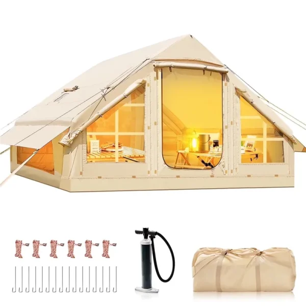Lilypelle 4 - 6 Person Blow up Inflatable Tent with Stove Jack, Hot Tent for Camping with Hand Pump, Waterproof Inflatable Camp Tent with Mesh Windows, Easy Setup Glamping Inflatable House