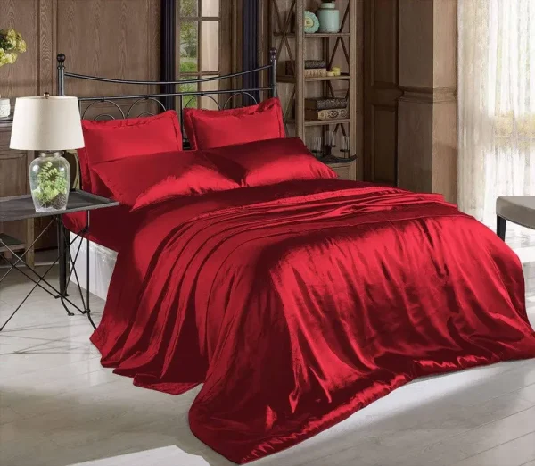 Hight Thread Count Solid Color Soft Silky Charmeuse Satin Luxury and Super Soft Bed Sheet Set, Size: Queen, Red