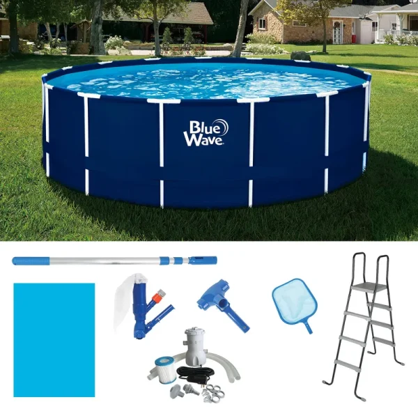 Blue Wave 15-ft Round 48-in Navy Blue Frame Above Ground Swimming Pool Package with Cover, Size: 15'