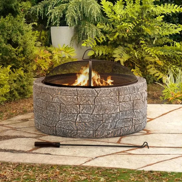 Sunjoy Stone Fire Pit 26 in, Outdoor Round Wood Burning Fire Pits with Spark Screen and Poker Grey