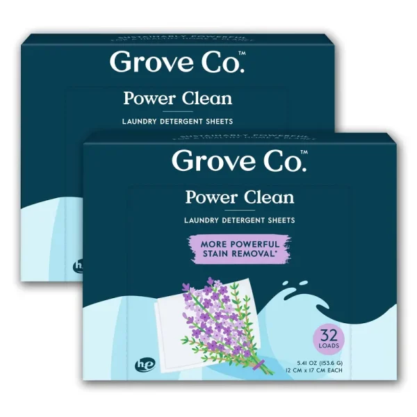 Grove Co. Laundry Detergent Sheets, Power Clean Dissolving Washer Sheets (2 Pack - 64 Loads) Tough Stain Remover, 100% Natural Lavender Blossom &