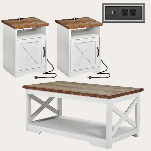 Merluxy 3 - Piece Farmhouse Table Set Includes Coffee Table, Two End Tables, Wood, Distressed White