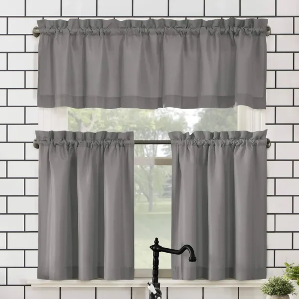 No. 918 Martine Microfiber Semi-Sheer Rod Pocket Kitchen Curtain Valance and Tiers Set - Gray - 54" x 45"