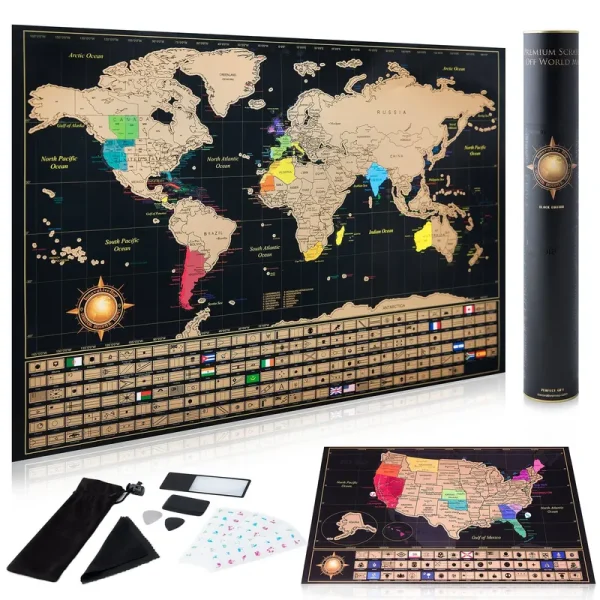 Scratch Off World Map Poster + Deluxe United States Map -Includes Complete Accessories Set & All Country Flags - Premium Wall Art Gift for Travelers