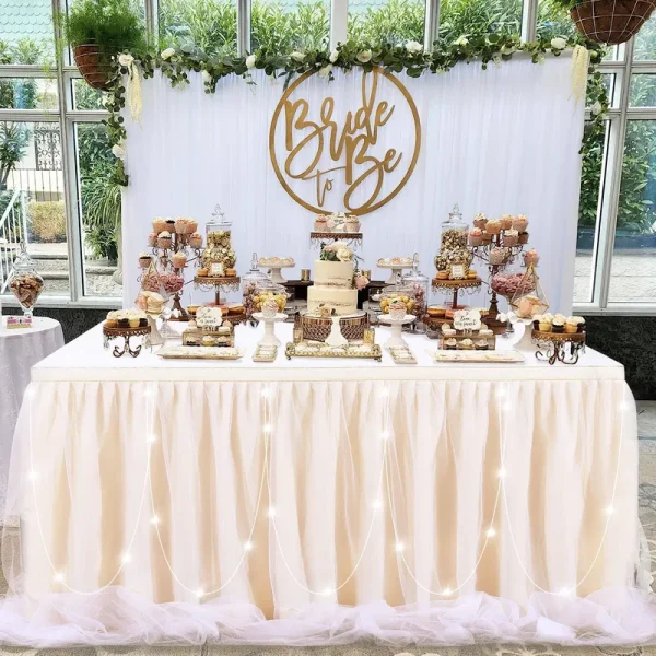 6ft Ivory Tulle Table Skirt LED Tutu Table Clothes for Baby Shower Birthday Party Wedding Banquet Table Decorations