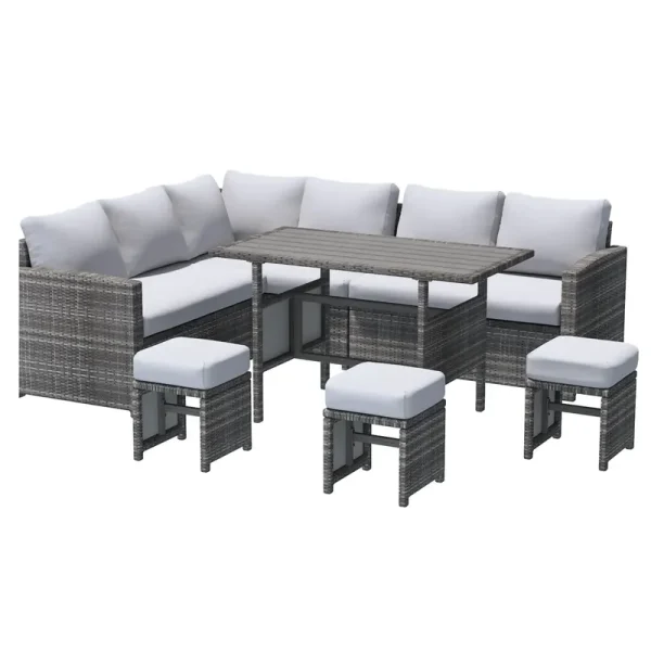 AECOJOY 7 Pieces Outdoor Wicker Rattan Dining Sofa Set, Light Grey