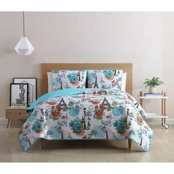 Vcny Home Eiffel Reversible Floral Quilt Set, King, Blue