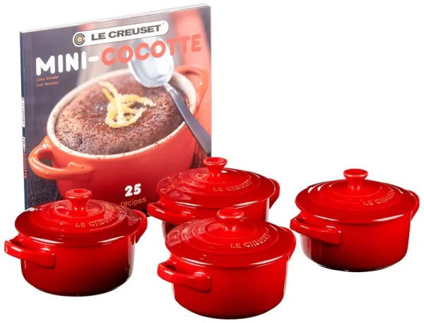 Le Creuset Set of 4 Mini Cocottes with Cookbook Cerise
