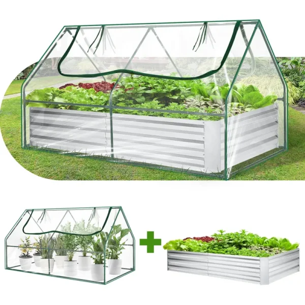 SEJOV Galvanized Raised Garden Bed with Cover, Outdoor Metal Planter Box 2 Roll-Up Windows Mini Greenhouse for Growing Flowers Fruits Vegetables and