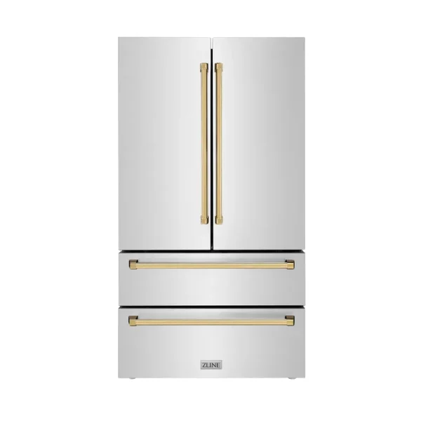 ZLINE 36" Autograph Edition 22.5 Cu. ft Freestanding French Door Refrigerator with Ice Maker in Fingerprint Resistant Stainless Steel with Gold