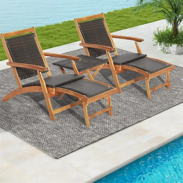 3-Piece Patio Lounge Chair Set, Acacia Wood Rattan Wicker Folding Chaise Lounge with Retractable Ottoman & Side Table, Deck Chairs Table for Poolside