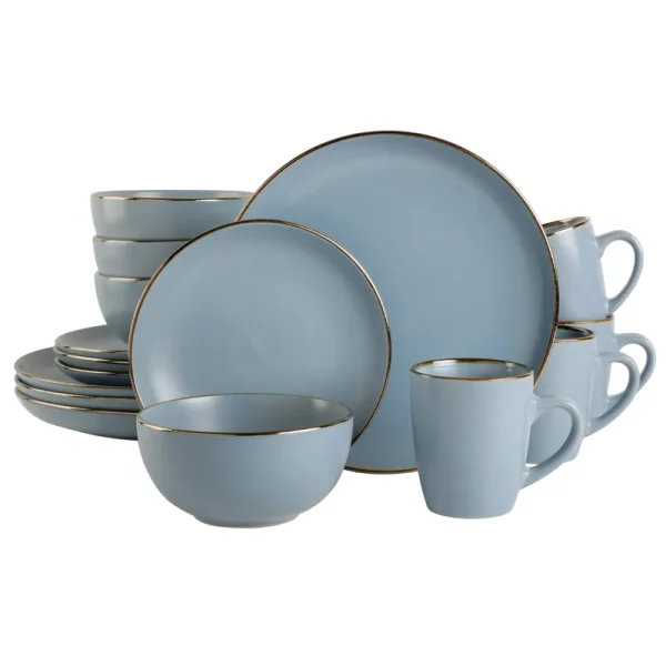 Gibson Home Rockaway Gold 16-Piece Stoneware Dinnerware Set Matte Blue