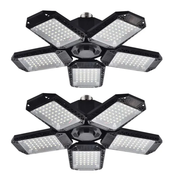 Mefflypee 2 Pack LED Garage Lights, 120W Deformable LED Garage Ceiling Lights with 5 Adjustable Panels, 12000lm E26 LED Shop Lights for