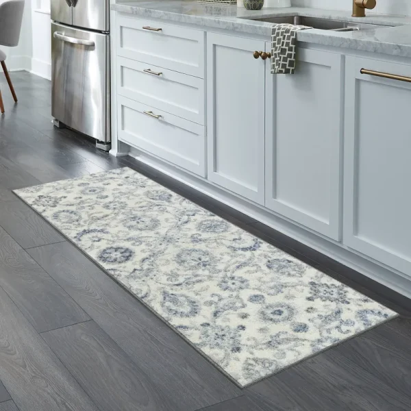 Maples Rugs Blooming Damask Non Slip Runner Rug for Hallway Entry Way Floor Carpet , 2 x 6, Grey/Blue