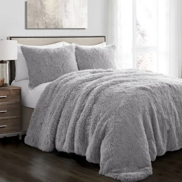 Lush Decor Emma Faux Fur Comforter Light Gray 3PC Set Full/Queen