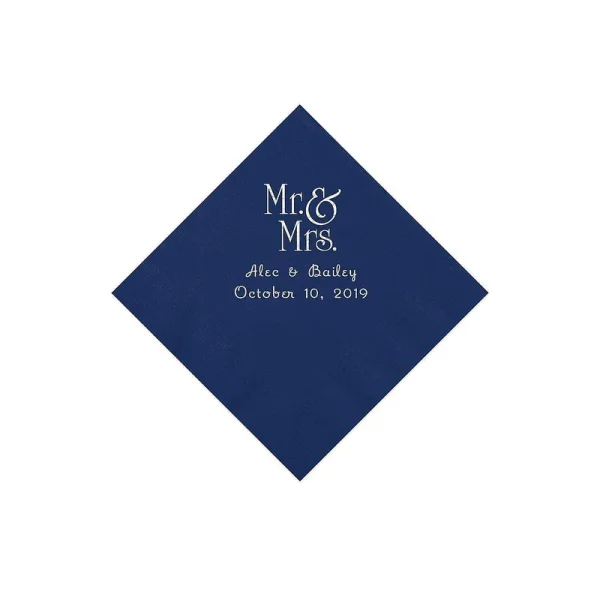 50 PC 5" Navy Mr. & Mrs. Personalized Napkins with Silver Foil Beverage