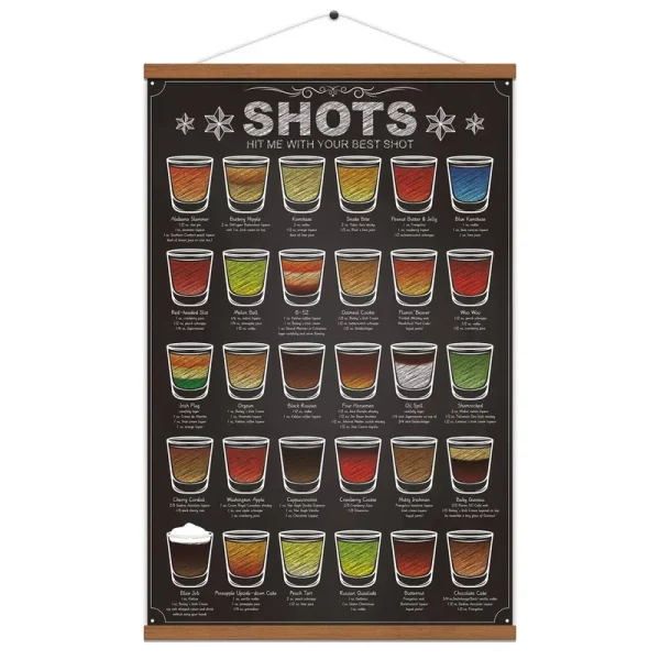 WEROUTE 30 Shots Mixology Canvas Print Poster Cocktail Recipes Infographic Drink Designed Bar Pub Themed Kitchen Home Wall Decor 15.7 x 27 inch