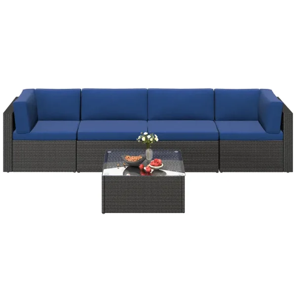 AECOJOY 5 Piece Outdoor Patio Furniture Set, Patio Wicker Sectional Furniture Chair Set, Black Rattan&Blue Cushion