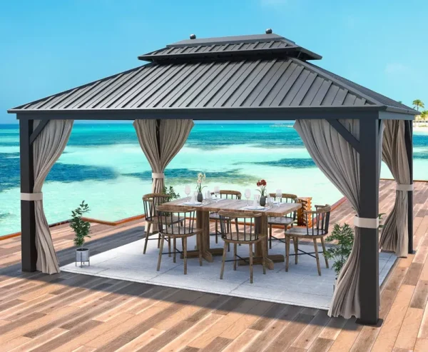 Mellcom 10' x 13' Hardtop Gazebo Galvanized Steel Outdoor Gazebo Canopy Double Vented Roof Pergolas Aluminum Frame with Netting and Curtains for