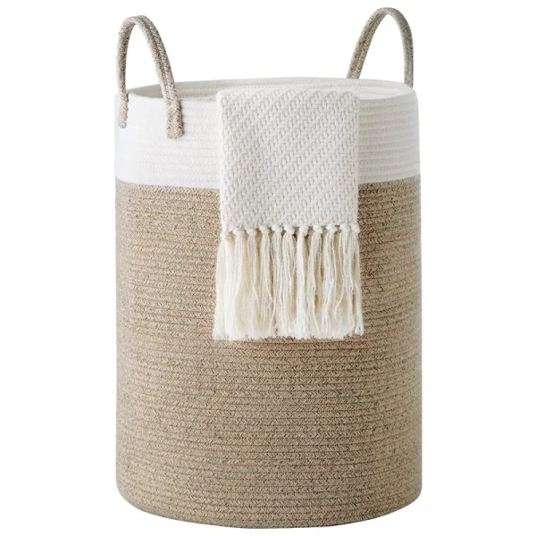 Cotton Rope Laundry Hamper by YOUDENOVA, 58L - Woven Collapsible Laundry Basket - Clothes Storage Basket for Blankets, Brown & White