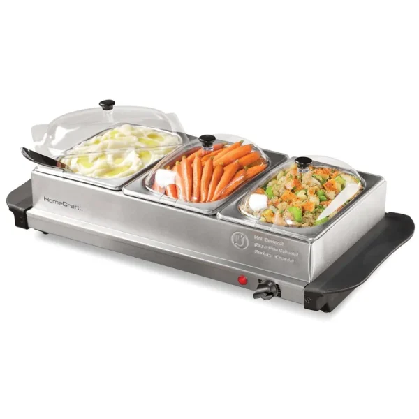 Homecraft HCBS15SS 3-Station 1.5-Quart Stainless Steel Buffet Server & Warming Tray