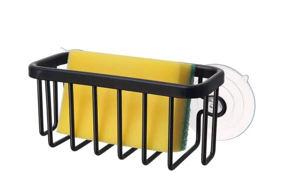 SunnyPoint NeverRust Kitchen Sink Suction Holder for Sponges, Scrubbers, Soap, Kitchen, Bathroom, 6" x 2.5" x 2.75", Aluminum (Black, 1)
