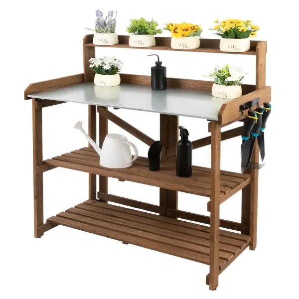 PETSCOSSET Outdoor Wooden Folding Potting Bench Table, Fir Wood Garden Workstation with Galvanized Tabletop, 2 Tier Storage Shelves, Brown