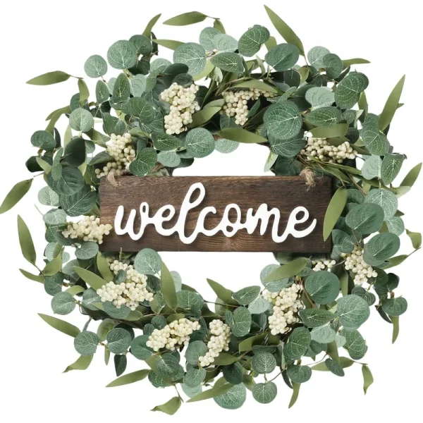 Sggvecsy Green Eucalyptus Wreath with Welcome Sign 20in Artificial Eucalyptus Wreath Spring Summer Wreath with White Berries for Front Door Wall