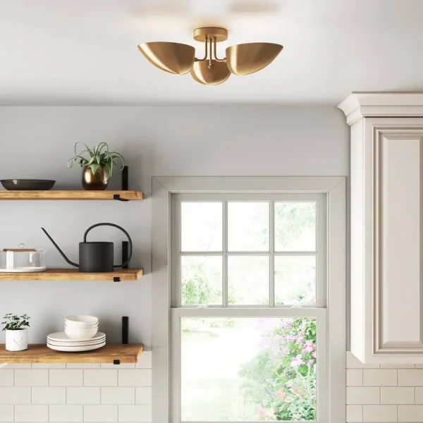Nathan James 11183 Argo 24 in. 3-Light Retro Modern Light Semi-Flush Mount with Vintaged Brass Rounded Shades for Hallway or Dining Room