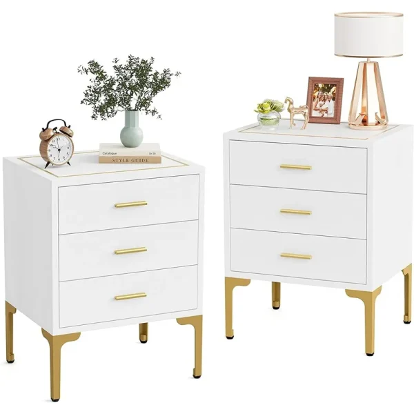 White Gold Nightstand, Modern 3 Drawers Bed Side Table for Bedroom 2 Pcs