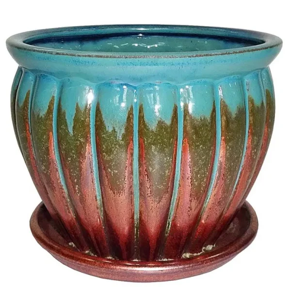 Allen + Roth 6.22-in W x 5.71-in H Copper Green Ceramic Planter
