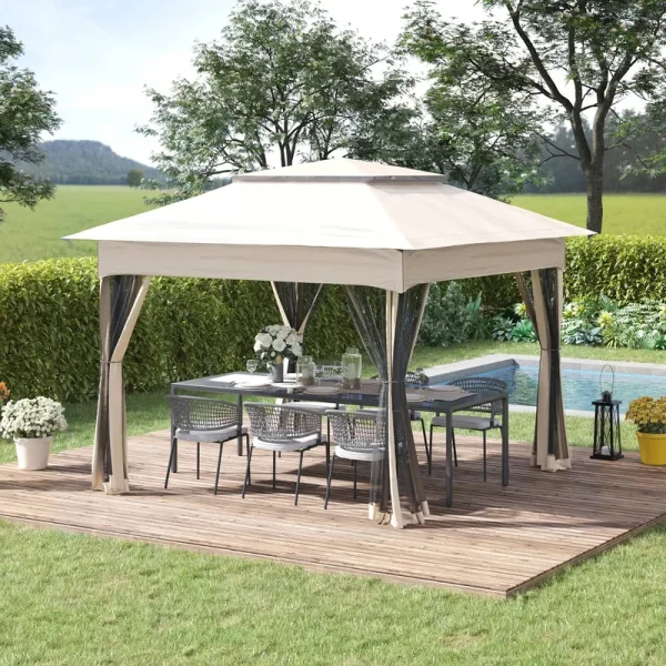 Outsunny 11' x 11' Pop Up Gazebo Outdoor Canopy Shelter with 2-Tier Soft Top, and Removable Zipper Netting, Event Tent with Large Shade, Beige