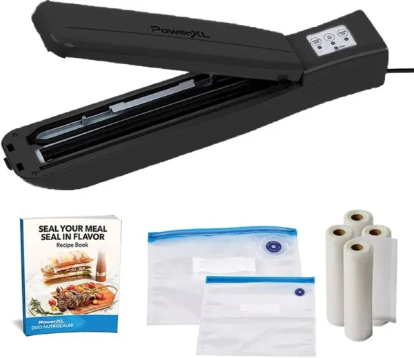 PowerXL Duo NutriSealer Food Vacuum Sealer Machine with Vacuum Seal Bags & Rolls, Double Airtight Sealing with Built-In Cutter Remanufactured, Black