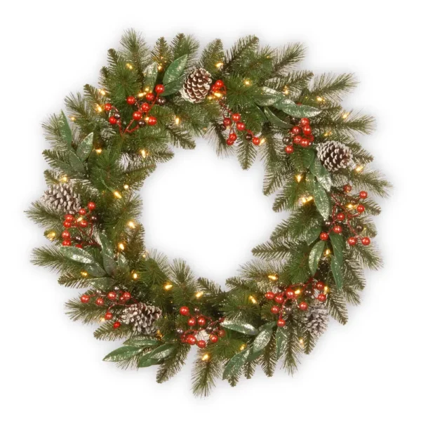 National Tree Frosted Pine Berry Wreath with Lights 24"