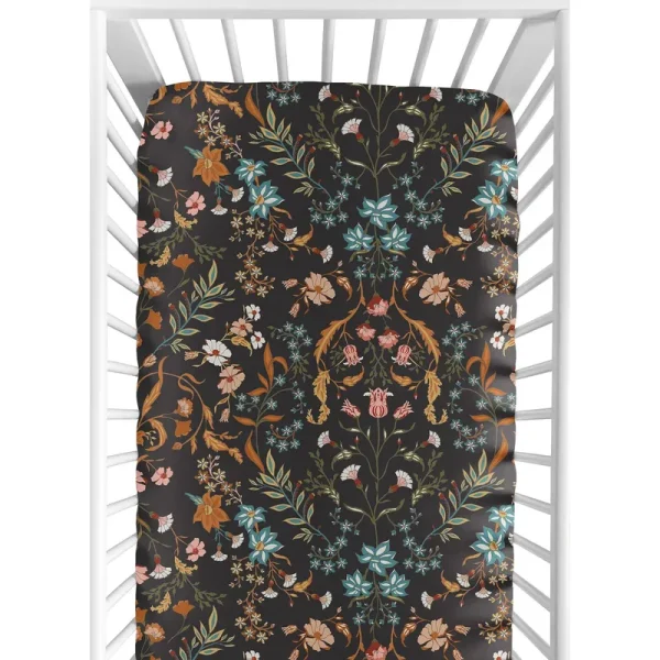 Sweet Jojo Designs Girl Baby Fitted Crib Sheet Boho Floral Wildflower Black Orange and Blue