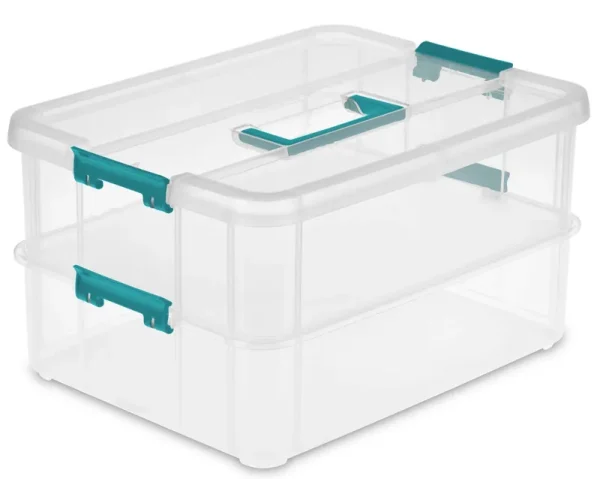 Sterilite 1427CLR Stack & Carry - 2 Layer Box, Clear Lid & Blue Handle, See-Through Layers