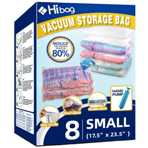 Hibag 8 Small Vacuum Storage Bags for Clothes, Travel Space Saver Bags, Hand-Pump Included, Clear (8-Small)