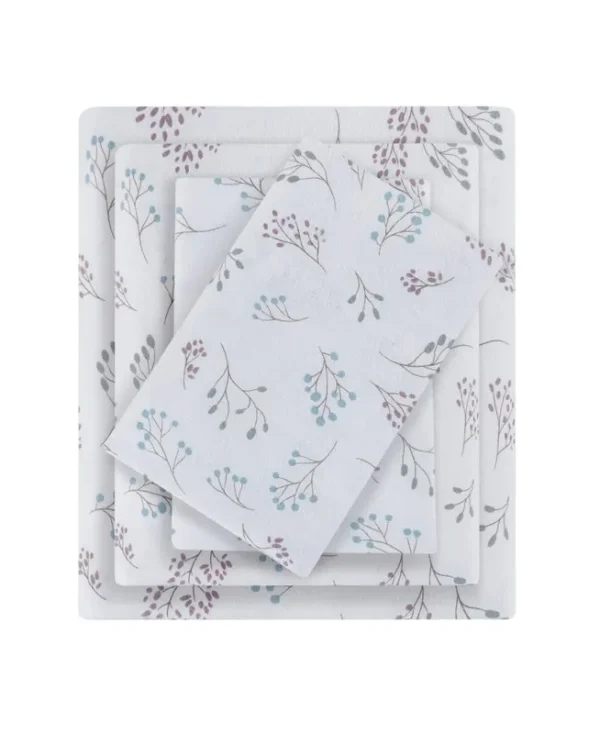 Beautyrest - Oversized Cotton Flannel 4 Piece Sheet Set - Full - White Tossed Botanical