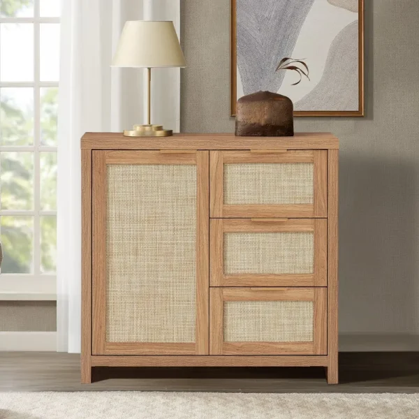 ARKANTOS Sideboards and Buffets, Boho Storage Cabinets with Rattan Doors and Drawers, Natural Oak
