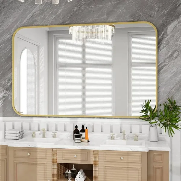30 in. W x 48 in. H Rectangular Modern Aluminum Alloy Framed Rounded Gold Wall Mirror
