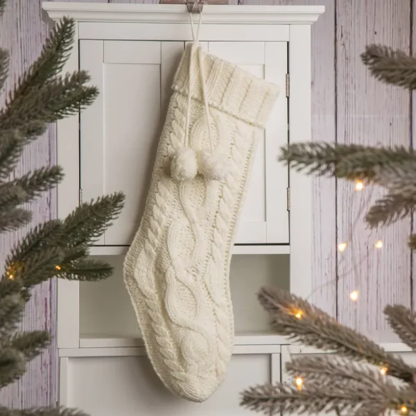 Glitzhome Knitted Polyester Christmas Stocking with Pom Pom Ball-White