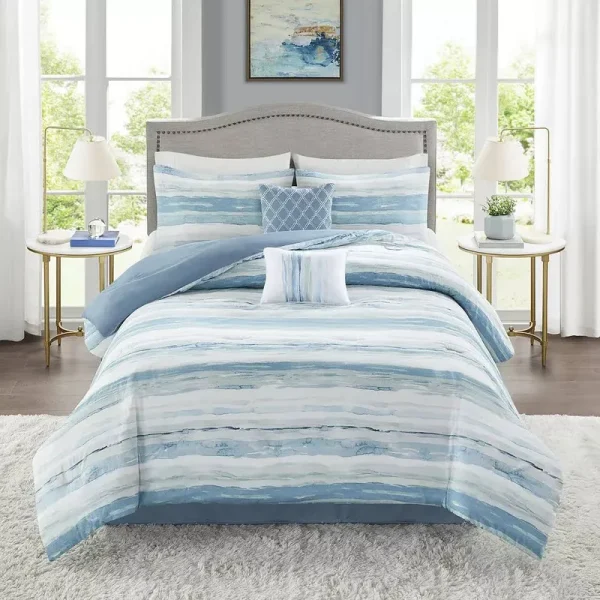 Madison Park Marianne 6-Piece Coastal Comforter Set with Coordinating Pillows, Blue, Queen