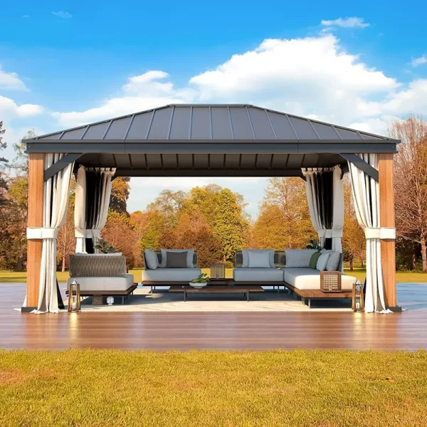 Outdoor Galvanized Steel Roof Gazebo Pergola W Wooden Coated Alumninum Frame, Privacy Curtains and Nettings Include - 12' x 16' - Single Roof