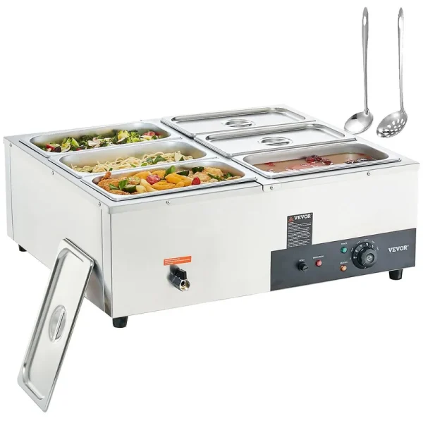VEVOR 6-Pan Commercial Food Warmer 6 x 8qt Electric Steam Table 1200W Professional Countertop Stainless Steel Buffet Bain Marie with 86-185��F Temp